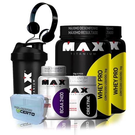 SHAPE CLUB Kit Max Titanium 2x Whey Pro + Creatina + Bcaa 2400 + Coq + Fone + Porta Caps Menor preço em SHAPE CLUB Kit Max Titanium 2x Whey Pro + Creatina + Bcaa 2400 + Coq + Fone + Porta Caps