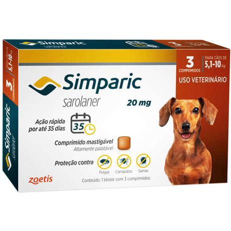 Simparic 20 mg de 5,1 - 10 kg caixa com 3 comprimidos - Zoetis Menor preço em Simparic 20 mg de 5,1 - 10 kg caixa com 3 comprimidos - Zoetis