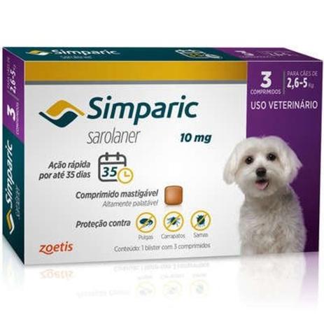 simparic antipulgas para Cães de 2,6 a 5Kg - 10mg - 3 comprimidos - Zoetis Menor preço em simparic antipulgas para Cães de 2,6 a 5Kg - 10mg - 3 comprimidos - Zoetis