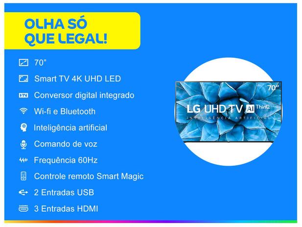 Smart TV UHD 4K LED 70” LG 70UN7310PSC Wi-Fi - Bluetooth HDR Inteligência Artificial 3 HDMI 2 USB