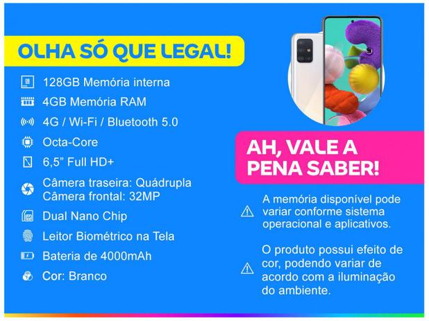 Smartphone Samsung Galaxy A51 128GB Branco 4G - 4GB RAM 6,5” Câm. Quádrupla + Câm. Selfie 32MP