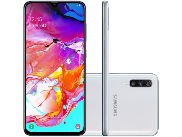 Smartphone Samsung Galaxy A70 128GB Branco 4G - 6GB RAM Tela 6,7” Câm. Tripla + Selfie 32MP Menor preço em Smartphone Samsung Galaxy A70 128GB Branco 4G - 6GB RAM Tela 6,7” Câm. Tripla + Selfie 32MP