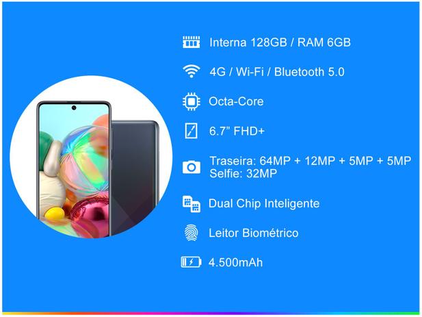 Smartphone Samsung Galaxy A71 128GB Preto 6GB RAM - Tela 6,7” Câm. Quádrupla Câm. + Selfie 32MP