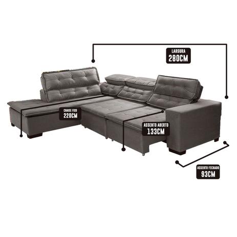 Sofá 5 Lugares Canto 2,80x2,20 m Sttilo Retrátil e Reclinável Chaise Pillow e Molas Cinza - Megasul Menor preço em Sofá 5 Lugares Canto 2,80x2,20 m Sttilo Retrátil e Reclinável Chaise Pillow e Molas Cinza - Megasul
