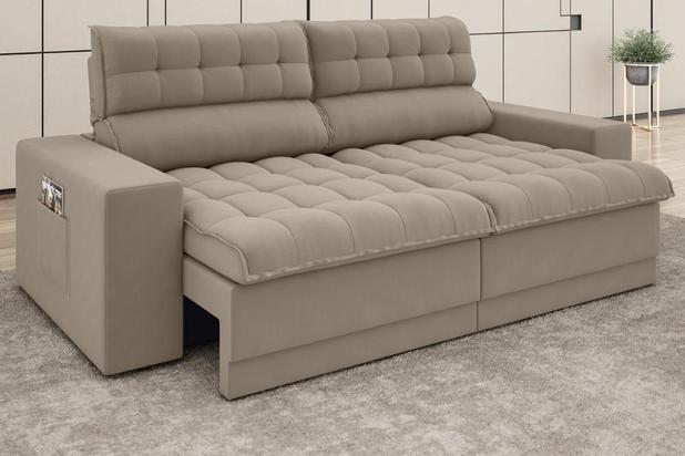 Sofá Omega 2,00m Assento Retrátil e Reclinável Velosuede Capuccino - NETSOFAS Menor preço em Sofá Omega 2,00m Assento Retrátil e Reclinável Velosuede Capuccino - NETSOFAS