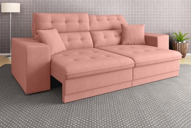 Sofá Pegasus 2,50m Assento Retrátil e Reclinável Velosuede Rose - NETSOFAS Menor preço em Sofá Pegasus 2,50m Assento Retrátil e Reclinável Velosuede Rose - NETSOFAS