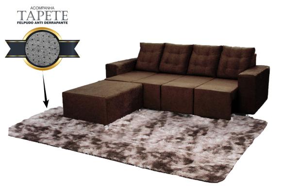 Menor preço em Sofá Retrátil Portinari 2,60 Mts Assentos Retráteis Tecido Suede Marrom Café + Puff + Tapete Taj Mahal 3m x 2m - Cor Marrom Escuro - Moveis marfim d.r