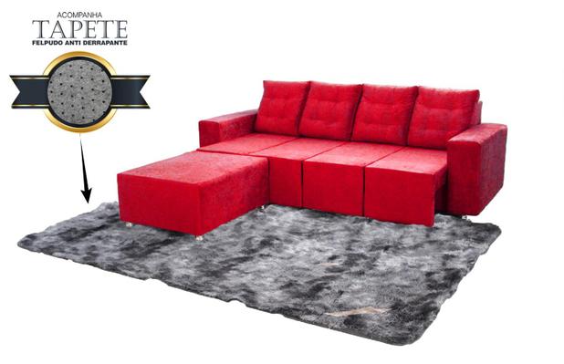 Menor preço em Sofá Retrátil Portinari 2,60 Mts Assentos Retráteis Tecido Suede Vermelho + Puff + Tapete Taj Mahal 3m x 2m - Cor Cinza - Moveis marfim d.r