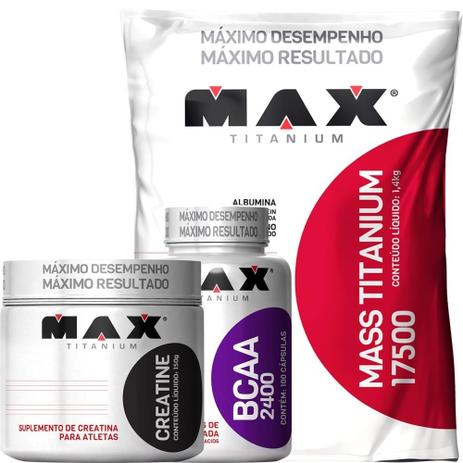 Super Combo Massa + Bcaa + Creatina - Max Titanium Menor preço em Super Combo Massa + Bcaa + Creatina - Max Titanium