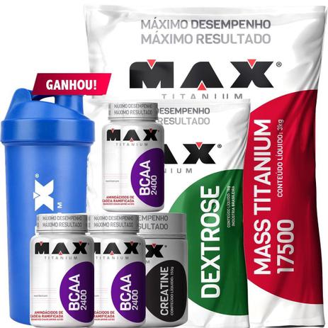 Super Kit Básico Mass + Bcaa + Creatina + Dextrose + Coquet - Max titanium Menor preço em Super Kit Básico Mass + Bcaa + Creatina + Dextrose + Coquet - Max titanium