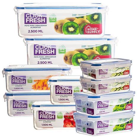 Super kit com 10 potes herméticos retangulares click fresh Menor preço em Super kit com 10 potes herméticos retangulares click fresh