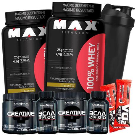 Suplemento Hipertrofia Muscular 2x 100 Whey 900g 2x Creatina 150g 2x Bcaa 2400 100caps Black Skull - Max titanium Menor preço em Suplemento Hipertrofia Muscular 2x 100 Whey 900g 2x Creatina 150g 2x Bcaa 2400 100caps Black Skull - Max titanium