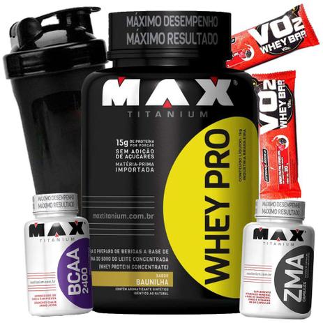 Suplemento para Melhorar a força e resistencia - Whey Pro 1kg Puro ZMA 90caps Bcaa 2400 Copo Shaker - Max titanium Menor preço em Suplemento para Melhorar a força e resistencia - Whey Pro 1kg Puro ZMA 90caps Bcaa 2400 Copo Shaker - Max titanium