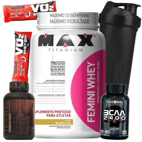 Suplemento para Mulheres Massa Magra - Femini Whey 900g Tribullus Terrestris Bcaa 2400 100caps Copo - Max titanium Menor preço em Suplemento para Mulheres Massa Magra - Femini Whey 900g Tribullus Terrestris Bcaa 2400 100caps Copo - Max titanium