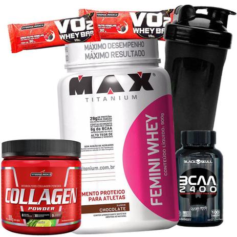 Suplemento para Musculação Mulher Femini Whey 900g Colageno Powder 300g Bcaa 2400 100caps Copo Wei - Max titanium Menor preço em Suplemento para Musculação Mulher Femini Whey 900g Colageno Powder 300g Bcaa 2400 100caps Copo Wei - Max titanium