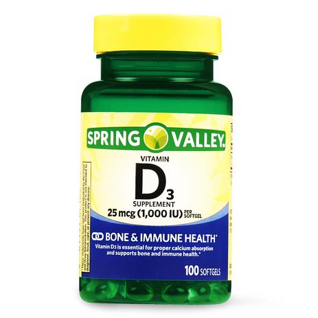 Suplemento Vitamina D3 25 mcg (1,000 IU) Spring Valley 100 SoftGels - Importado Menor preço em Suplemento Vitamina D3 25 mcg (1,000 IU) Spring Valley 100 SoftGels - Importado