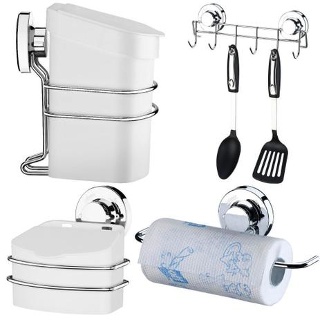 Suporte C/ Lixeira Saleiro Porta Rolos Cozinha Fixação Ventosa - Future Menor preço em Suporte C/ Lixeira Saleiro Porta Rolos Cozinha Fixação Ventosa - Future
