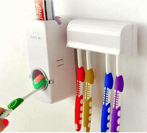 Suporte Dispenser De Pasta De Dente Automático Porta Escovas de Dente Banheiro Parede -