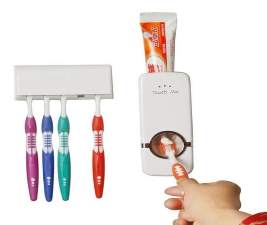 Suporte Dispenser Pasta de Dente Automático Manual Porta Escova de Dente Banheiro Parede -