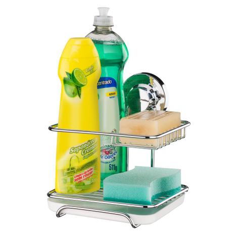 Suporte Para Sabão, Detergente e Esponja Fixação por Ventosa - Aço Cromado - Future Menor preço em Suporte Para Sabão, Detergente e Esponja Fixação por Ventosa - Aço Cromado - Future
