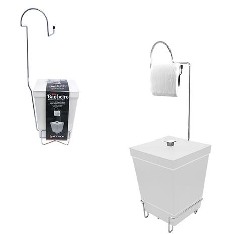 Suporte / porta papel higienico de chao aramado cromado com lixeira branca 60x20cm 6.5l - Stolf Menor preço em Suporte / porta papel higienico de chao aramado cromado com lixeira branca 60x20cm 6.5l - Stolf