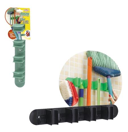 Suporte / porta vassoura com 4 encaixes e 5 ganchos de plastico 4.5x33.5x5cm - Nitronplast Menor preço em Suporte / porta vassoura com 4 encaixes e 5 ganchos de plastico 4.5x33.5x5cm - Nitronplast