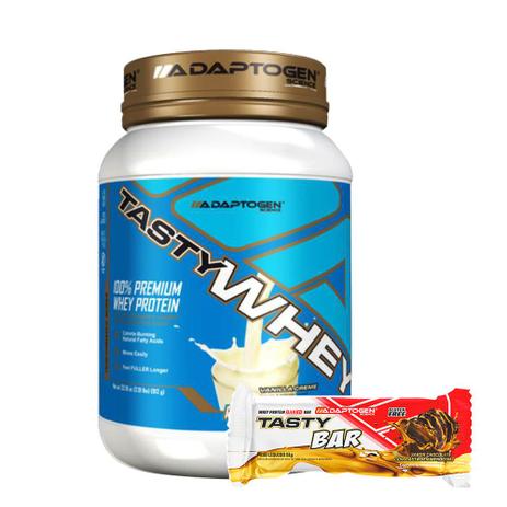 Tasty Whey Vanilla 2Lb +Tasty Bar Chocolate P/ Butter 51g - Adaptogen Menor preço em Tasty Whey Vanilla 2Lb +Tasty Bar Chocolate P/ Butter 51g - Adaptogen