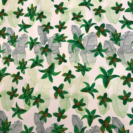 Tecido sarja estampada 1|45m fundo branco com plantas verde - Aras Tecidos