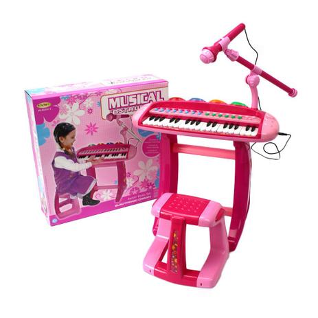 Teclado piano infantil rosa + microfone + banquinho luz som - mc18062 unica - Mega compras Menor preço em Teclado piano infantil rosa + microfone + banquinho luz som - mc18062 unica - Mega compras