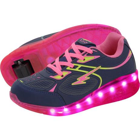 Tenis Infantil LED com Rodinha Minipé - Marinho com Rosa e Verde Limão Menor preço em Tenis Infantil LED com Rodinha Minipé - Marinho com Rosa e Verde Limão