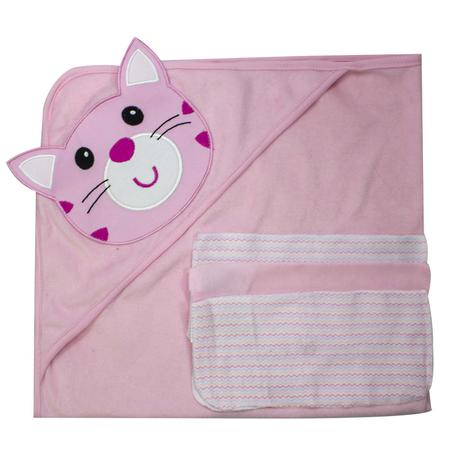 Toalha Banho Baby Camesa Gato Com Capuz E 3 Toalhas De Boca Rosa Menor preço em Toalha Banho Baby Camesa Gato Com Capuz E 3 Toalhas De Boca Rosa