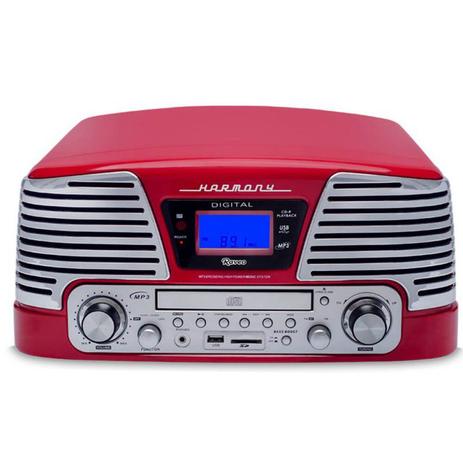 Toca Discos Vintage Anos 50 Raveo Harmony Bluetooth, AM/FM, CD Player, USB, SD, Gravação Vermelho Menor preço em Toca Discos Vintage Anos 50 Raveo Harmony Bluetooth, AM/FM, CD Player, USB, SD, Gravação Vermelho