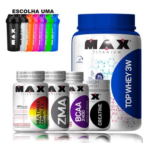 Top Whey 3W 900g - Creatina 100G - BCAA 100cáps - ZMA 90Cáp - Max titanium Menor preço em Top Whey 3W 900g - Creatina 100G - BCAA 100cáps - ZMA 90Cáp - Max titanium