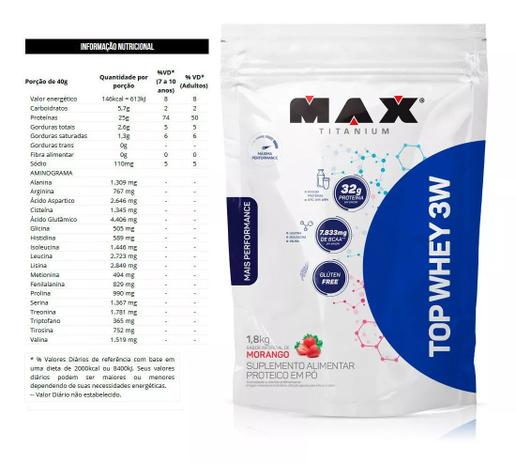 Top Whey Protein 3w Performance Morango 1,8kg Max Titanium Menor preço em Top Whey Protein 3w Performance Morango 1,8kg Max Titanium