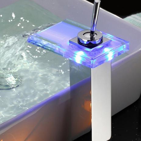Torneira Misturador Monocomando Cascata LED Vidro Banheiro Lavabo Bica Alta Monaco - Premierdecor Menor preço em Torneira Misturador Monocomando Cascata LED Vidro Banheiro Lavabo Bica Alta Monaco - Premierdecor