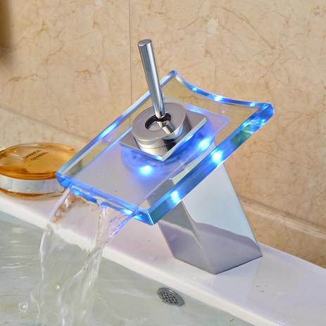 Torneira Misturador Monocomando Cascata LED Vidro Banheiro Lavabo Monaco - Premierdecor Menor preço em Torneira Misturador Monocomando Cascata LED Vidro Banheiro Lavabo Monaco - Premierdecor