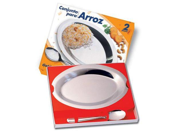 Travessa Arroz + Colher Conjunto 2 Peças Golden Inox - 3679 Menor preço em Travessa Arroz + Colher Conjunto 2 Peças Golden Inox - 3679