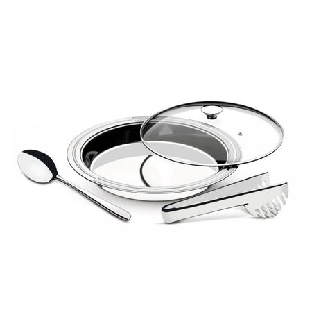 Travessa Funda Redonda Inox com Tampa de Vidro Pegador e Colher de Arroz Ciclo Tramontina Menor preço em Travessa Funda Redonda Inox com Tampa de Vidro Pegador e Colher de Arroz Ciclo Tramontina