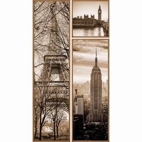 Trio de Quadros Decorativos Cidades, Paris, New York e Londres 108x203cm Kit com 3 Quadros - Decore pronto Menor preço em Trio de Quadros Decorativos Cidades, Paris, New York e Londres 108x203cm Kit com 3 Quadros - Decore pronto