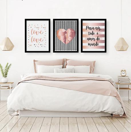 Trio de quadros decorativos - Love rose gold - Dama arteira Menor preço em Trio de quadros decorativos - Love rose gold - Dama arteira
