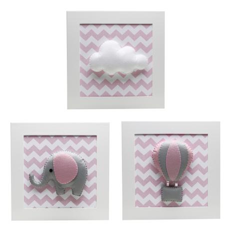 Trio De Quadros Elefante Balão Rosa Quarto Bebê Infantil Menina - Potinho de mel Menor preço em Trio De Quadros Elefante Balão Rosa Quarto Bebê Infantil Menina - Potinho de mel