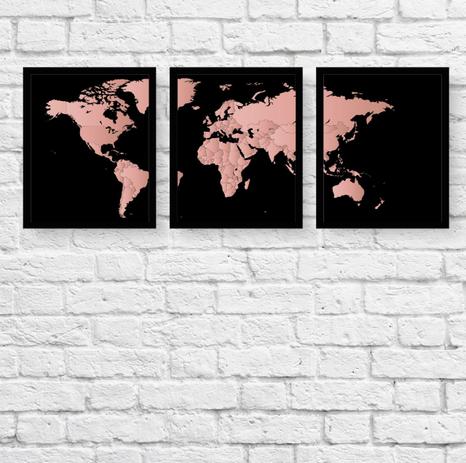 Trio de quadros - Mapa Mundi preto e rosa. - Dama arteira Menor preço em Trio de quadros - Mapa Mundi preto e rosa. - Dama arteira