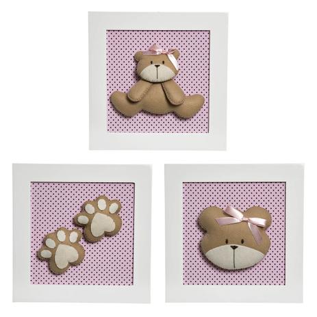 Trio De Quadros Ursa Quarto Bebê Infantil Menina - Potinho de mel Menor preço em Trio De Quadros Ursa Quarto Bebê Infantil Menina - Potinho de mel