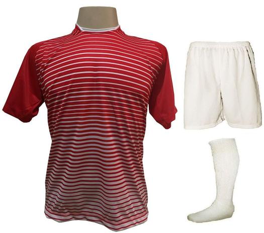 Menor preço em Uniforme Esportivo com 12 Camisas modelo City Vermelho/Branco + 12 Calções modelo Madrid Branco + 12 Pares de meiões Branco - Play fair