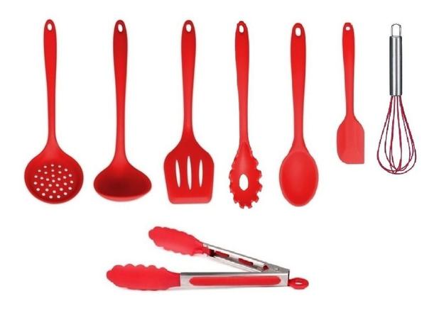 Utensílios Silicone Cabo Maciço Vermelho Colheres Kit 8pçs - Msu Menor preço em Utensílios Silicone Cabo Maciço Vermelho Colheres Kit 8pçs - Msu