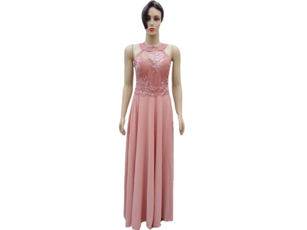 Vestido d Festa Rosê Bordado Longo Casamento Formatura Graça - Elegance