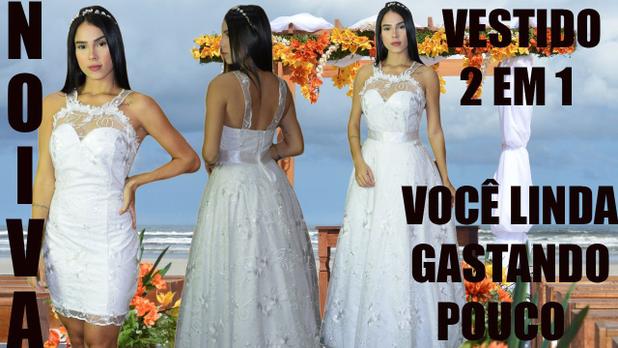 Vestido de noiva 2 em 1 vestido justo curto civil e longo para igreja renda luxo - Partylight Atelier Das Noivas