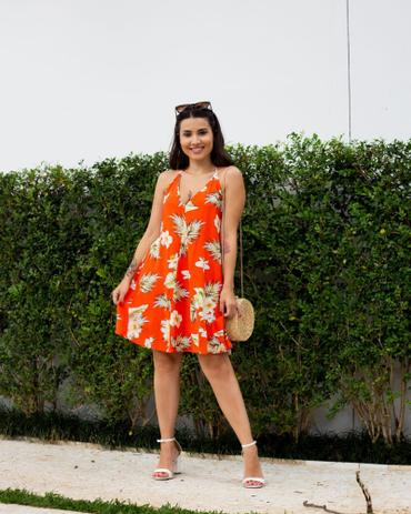 Vestido estampado verão Ágata - Cor laranja com florais - Tamanho GG - Nov Versão