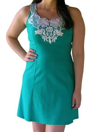 Vestido Feminino Regata com Renda Guipir Verde e Coral Elastano - Madalih