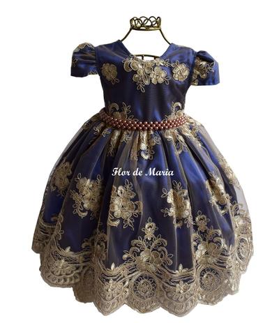 Vestido Festa Infantil Realeza Renda Princesa Cinderela Show Luna Azul Royal Com Dourado Luxo - Enjoy Kids